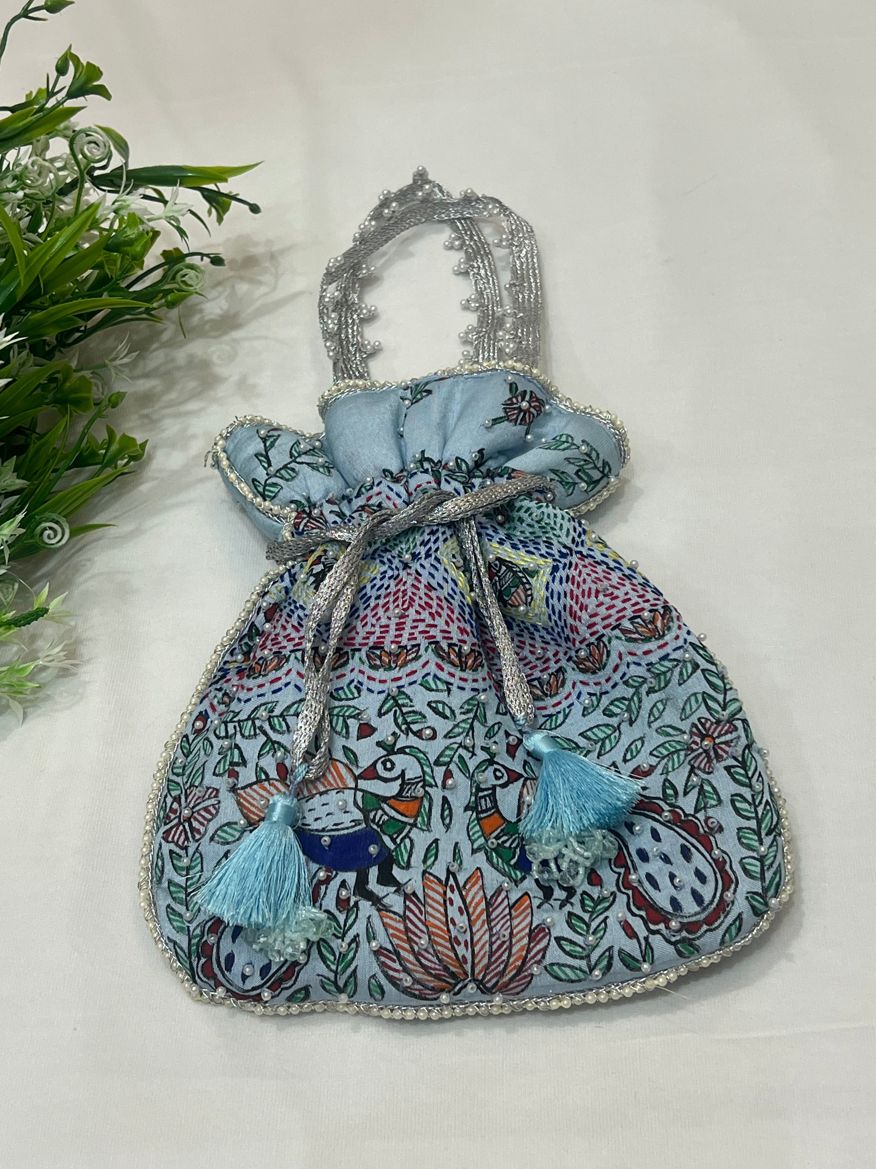 Hand-Painted BLUE Potli with Madhubani and Sujni Hand Embroidery